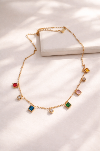 Multi Square Stone Necklace