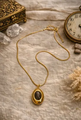 Gold Plated Black Stone Pendant Necklace